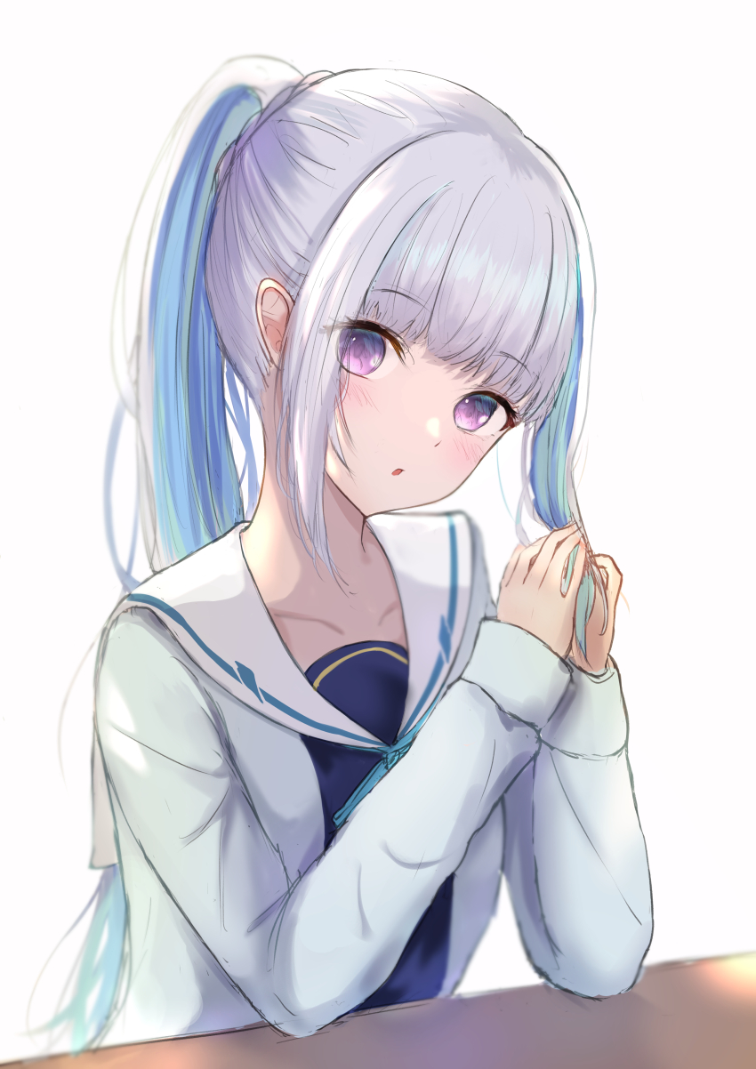 1girl absurdres aqua_cardigan blue_cardigan blunt_bangs blush cardigan colored_inner_hair hair_ornament hechi_z highres lize_helesta lize_helesta_(4th_costume) long_hair long_sleeves looking_at_viewer multicolored_hair neckerchief_between_breasts nijisanji open_cardigan open_clothes open_mouth ponytail purple_eyes ribbon sailor_collar school_uniform serafuku shirt solo two-tone_hair virtual_youtuber white_background white_hair white_sailor_collar