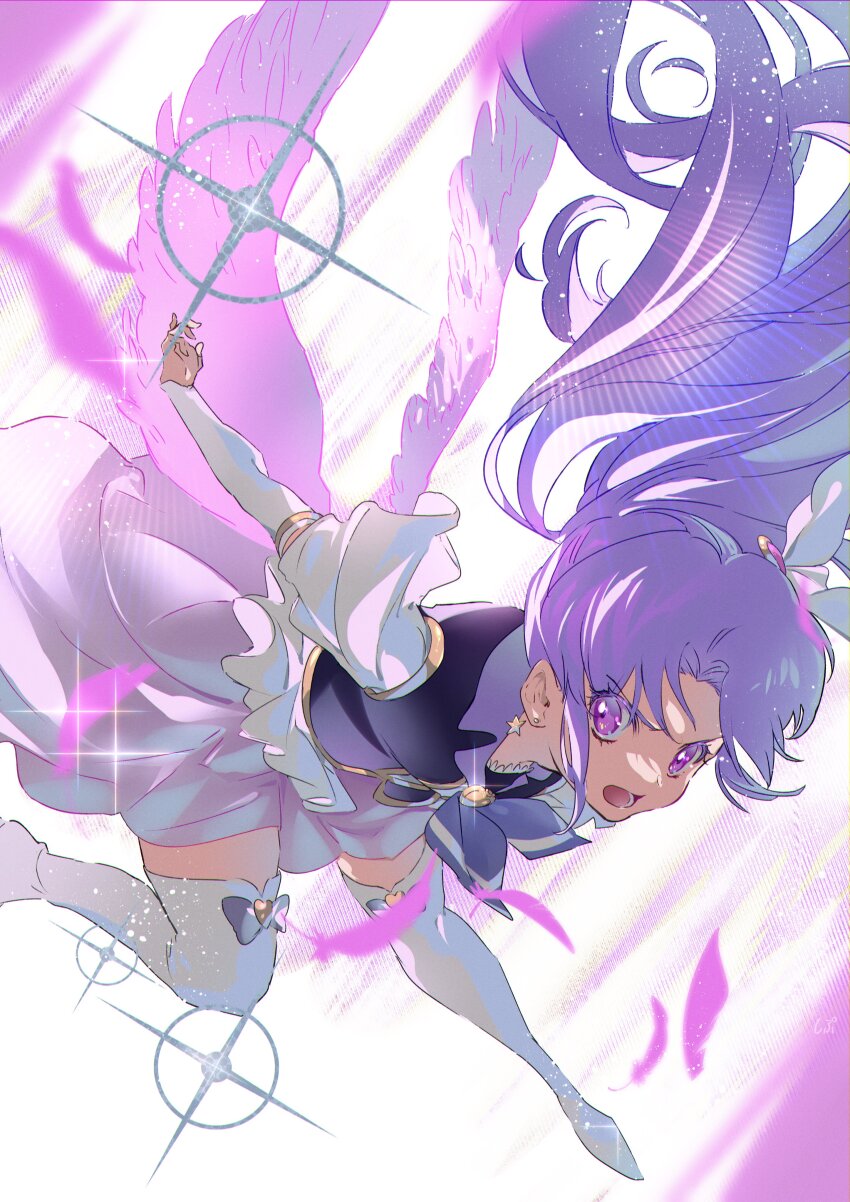 absurdres blue_neckerchief cure_fortune detached_sleeves dress earrings feathers foreshortening happinesscharge_precure! highres hikawa_iona jewelry lapels long_hair neckerchief notched_lapels open_mouth precure purple_dress purple_eyes purple_hair shipu_(gassyumaron) short_sleeves sparkle star_(symbol) star_earrings thighhighs v-shaped_eyebrows white_background white_sleeves white_thighhighs wings