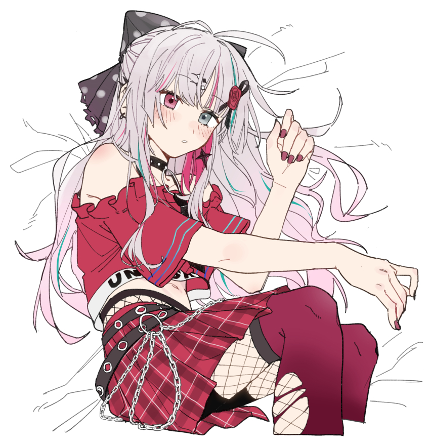 1girl collar crop_top fill_(fill_lemonn) fishnet_pantyhose fishnets heterochromia highres ishigami_nozomi lying navel nijisanji on_side pantyhose red_skirt red_thighhighs skirt spiked_collar spikes thighhighs torn_clothes torn_thighhighs virtual_youtuber