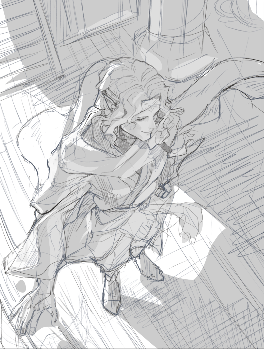 1boy cape commentary_request fire_emblem fire_emblem:_path_of_radiance from_above full_body greyscale highres long_hair male_focus monochrome nasir_(fire_emblem) nintendo pointy_ears sketch solo sutekina_yari