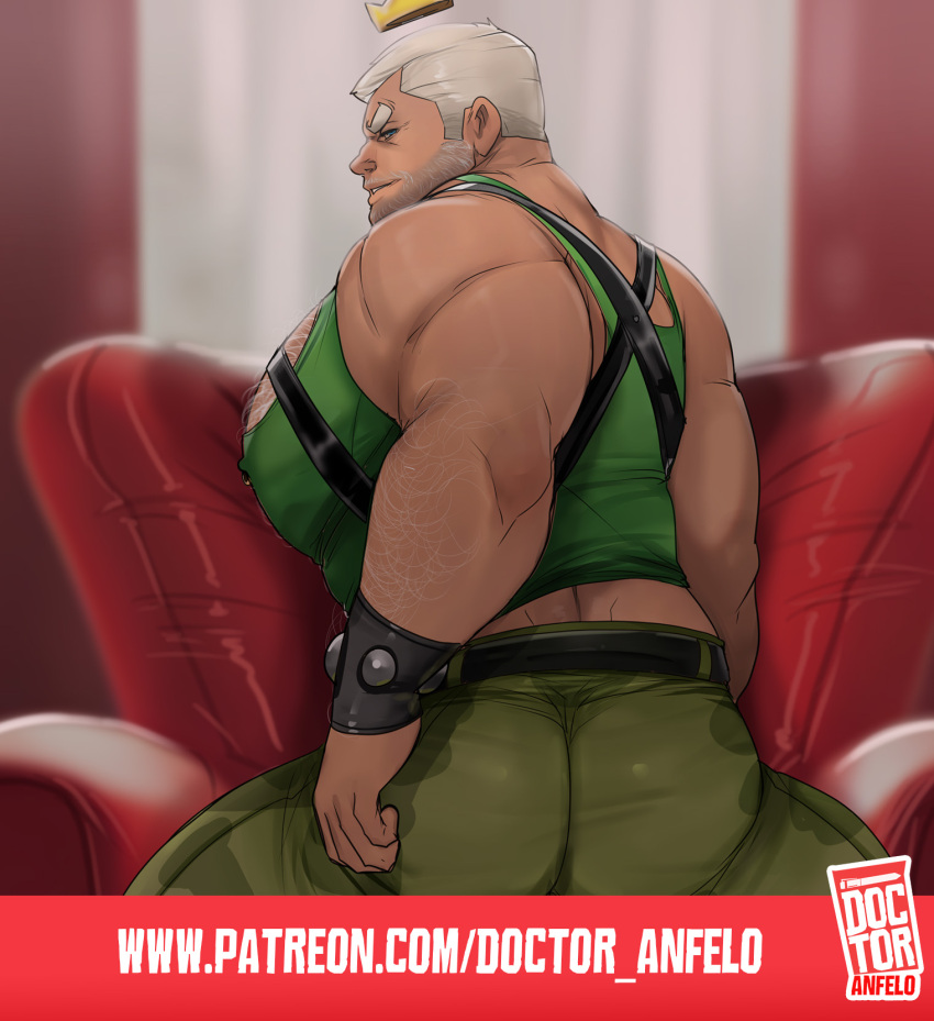1boy armband ass bara beard beard_stubble belt black_armband blurry blurry_background broad_shoulders camouflage camouflage_pants chair chest_hair crown doctor_anfelo facial_hair from_behind green_eyes green_shirt green_tank_top harness highres jorgen_von_strangle large_pectorals male_focus mature_male muscular muscular_male nipples on_chair pants pectorals shirt stubble tank_top the_fairly_oddparents white_hair
