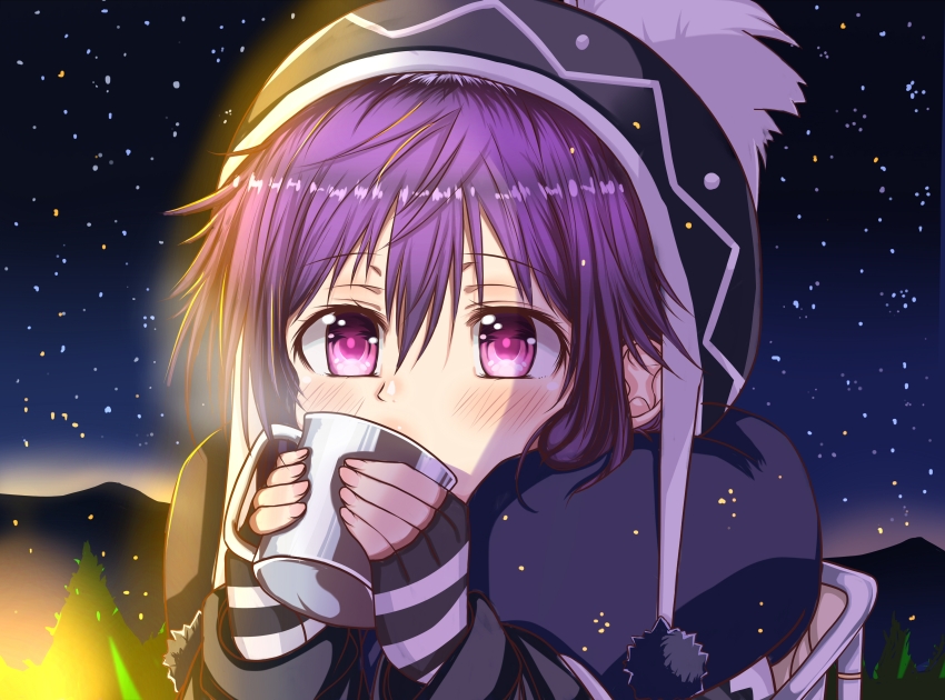 1girl absurdres blush chrono925 chullo commentary_request cup drinking ebisuzawa_kurumi fingerless_gloves gakkou_gurashi! gloves highres holding holding_cup long_sleeves mug night night_sky outdoors purple_eyes purple_hair scarf sky solo star_(sky) starry_sky striped_clothes striped_gloves