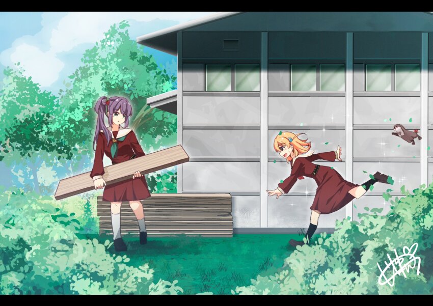 2girls animal aqua_eyes aqua_neckerchief black_socks breasts brown_dress brown_shoes cerise_bouquet commentary_request crossed_bangs dress fleeing flower green_eyes hair_bun hair_flower hair_ornament hasu_no_sora_school_uniform heart highres hinoshita_kaho holding letterboxed link!_like!_love_live! loafers long_hair long_sleeves looking_at_another love_live! matsurugi_tsukasa medium_breasts medium_dress medium_hair multiple_girls neckerchief orange_hair otomune_kozue otter otter_(hasu_no_sora) outdoors parted_lips plank pleated_dress purple_hair rabbit_hair_ornament red_flower red_neckerchief red_ribbon ribbon running sailor_collar sailor_dress school_uniform shoes side_ponytail sidelocks signature single_side_bun socks tail tail_ornament tail_ribbon tassel tassel_hair_ornament tree two_side_up virtual_youtuber walking white_sailor_collar winter_uniform