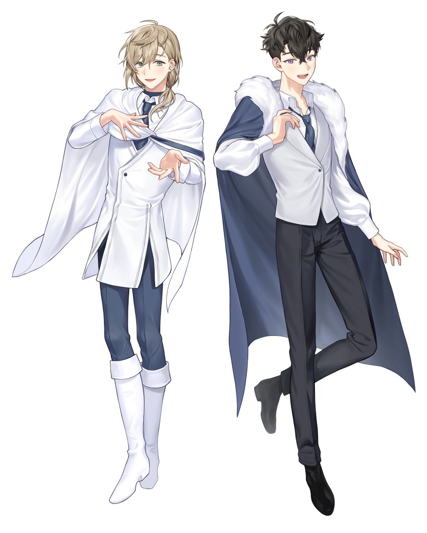 2boys 900_(gb_900) absurdres black_footwear black_hair black_jacket blue_cape blue_necktie boots cape collared_shirt fur_trim highres jacket kanae_(nijisanji) low_ponytail male_focus multiple_boys necktie nijisanji nijisanji_id official_art open_hand ponytail purple_eyes reza_avanluna shirt smile virtual_youtuber white_background white_cape white_footwear white_jacket white_shirt