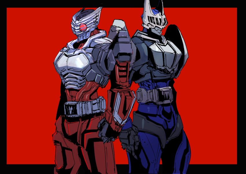 2boys advent_deck anniversary armor bat_(animal) bat_wings belt black_armor clenched_hand compound_eyes dragon eastern_dragon full_body heisei highres ichitaka_(1015ichitaka) kamen_rider kamen_rider_knight kamen_rider_ryuki kamen_rider_ryuki_(series) knight male_focus mecha_pilot_suit multiple_boys plugsuit_(evangelion) red_eyes tokusatsu v_buckle weapon wings