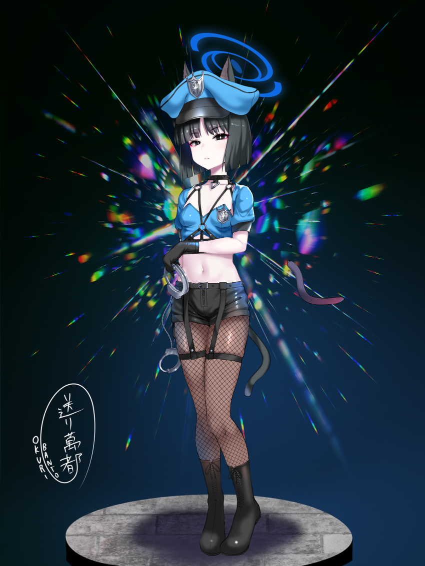 1girl animal_ears black_boots black_collar black_gloves black_hair black_shorts blue_archive blue_halo blue_jacket boots breasts cat_ears cat_girl cat_tail closed_mouth collar cropped_jacket cuffs eyebrows_hidden_by_hair fishnet_thighhighs fishnets full_body garter_belt gloves green_background halo handcuffs hat highres holding holding_handcuffs jacket kikyou_(blue_archive) lace-up_boots looking_at_viewer midriff navel okuri_banto pantyhose police police_hat police_uniform policewoman shadow shorts signature small_breasts solo tail thighhighs