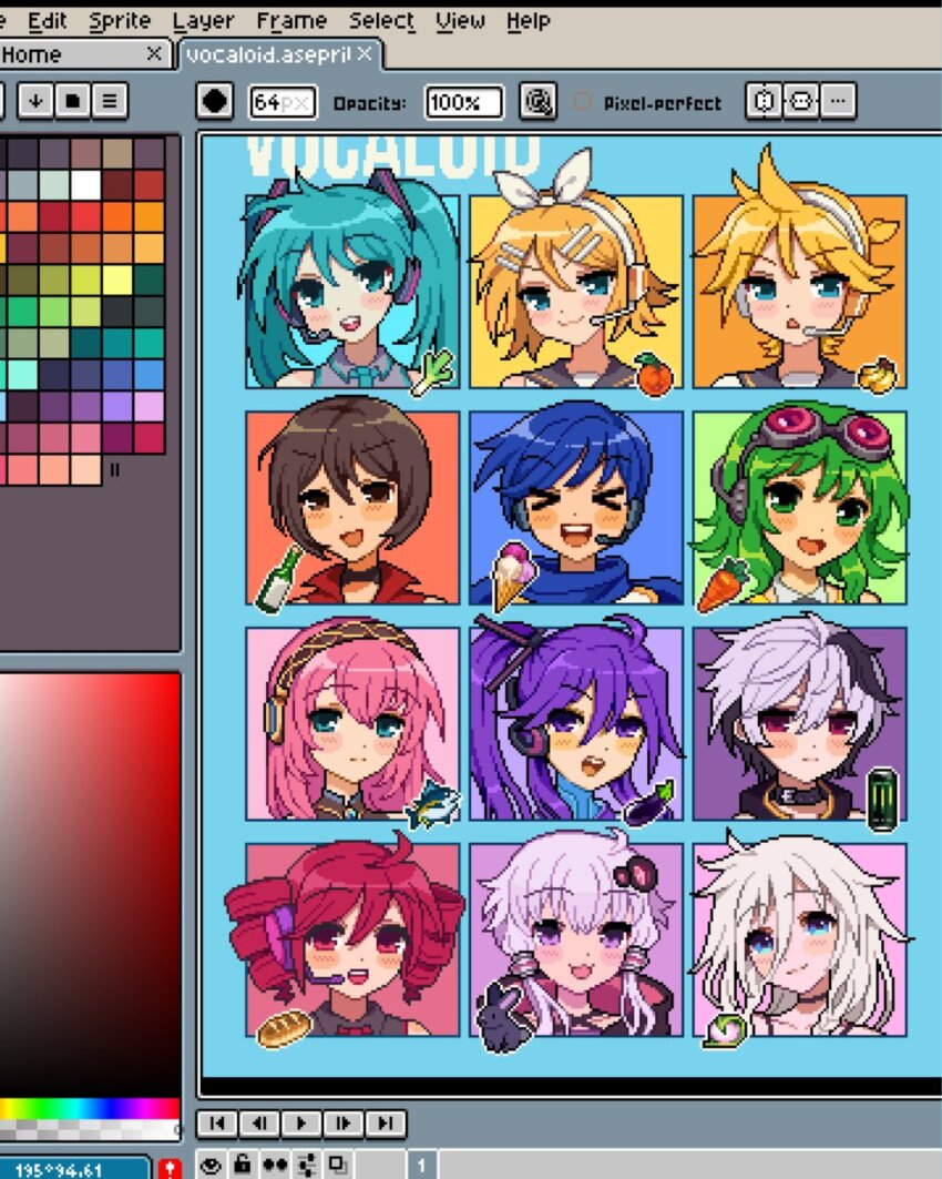 3boys 6+girls ahoge alcohol art_program_in_frame baguette banana bare_shoulders black_collar black_hair black_shirt blonde_hair blue_eyes blue_necktie blue_scarf blush bottle bow bread brown_eyes brown_hair carrot closed_mouth collar commentary drill_hair eggplant english_commentary fish flower_(vocaloid) flower_(vocaloid4) food fruit goggles goggles_on_head green_eyes green_hair grey_hair gumi hair_between_eyes hair_bow hat hatsune_miku headphones headset highres ia_(vocaloid) ice_cream jacket kagamine_len kagamine_rin kaito_(vocaloid) kamui_gakupo kasane_teto kasane_teto_(utau) mandarin_orange megurine_luka meiko_(vocaloid) microphone mimpish monster_energy multicolored_hair multiple_boys multiple_girls necktie open_mouth pink_hair pixel_art ponytail portrait purple_hair rabbit red_eyes red_hair red_jacket red_shirt sailor_collar scarf shirt short_hair sleeveless sleeveless_shirt spring_onion teeth twin_drills twintails two-tone_hair upper_teeth_only utau vocaloid voiceroid white_bow white_hair white_hat yuzuki_yukari