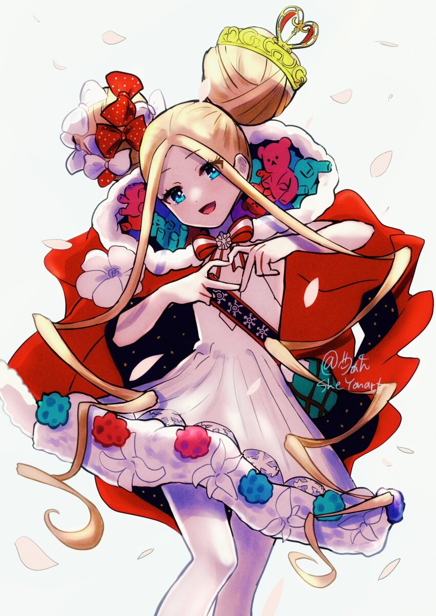 1girl abigail_williams_(fate) abigail_williams_(santa)_(fate) bare_shoulders blonde_hair blue_eyes blush bow breasts cloak double_bun dress fate/grand_order fate_(series) forehead fur-trimmed_cloak fur_trim hair_bow hair_bun heart heart_hands highres long_hair looking_at_viewer open_mouth pantyhose parted_bangs red_bow red_cloak sash sheyona sidelocks small_breasts smile solo stuffed_animal stuffed_toy teddy_bear thighs tiara very_long_hair white_bow white_dress white_pantyhose