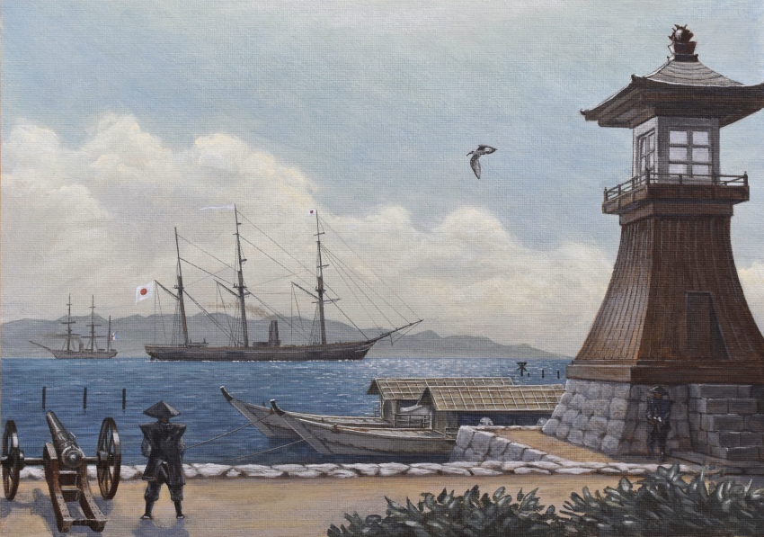 2boys absurdres acrylic_paint_(medium) atelier_bono bird boat cannon cloud hat highres imperial_japanese_navy ironclad japan japanese_flag jingasa lighthouse mountainous_horizon multiple_boys ocean original painting_(medium) port seagull sky standing traditional_media vehicle_request warship watercraft