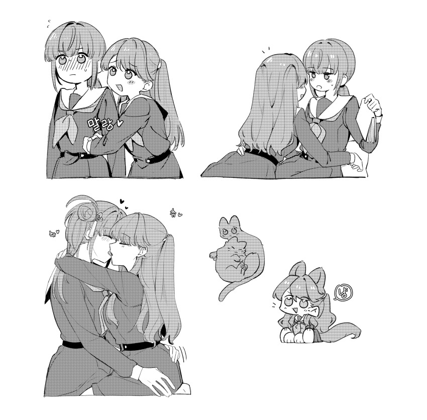 2girls :d animal_ears animalization arm_hug arms_around_neck basil_(wgh0anzdple3asf) blush book cat cat_ears cat_girl cat_tail chibi chibi_inset closed_eyes closed_mouth commentary_request dress flying_sweatdrops french_kiss frown fujishima_megumi greyscale hasu_no_sora_school_uniform heart highres holding holding_book kiss korean_commentary korean_text link!_like!_love_live! long_hair long_sleeves looking_at_another love_live! low_ponytail medium_dress monochrome multiple_girls neckerchief nose_blush open_mouth otomune_kozue person_and_animalization pleated_dress ponytail sailor_collar sailor_dress school_uniform sidelocks sitting smile sound_effects spoken_heart straddling tail translation_request two_side_up upright_straddle virtual_youtuber winter_uniform yuri