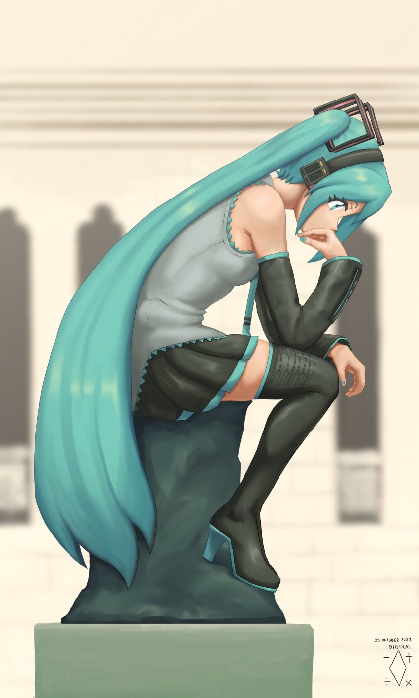 1girl aqua_eyes aqua_hair aqua_nails aqua_necktie bare_shoulders black_boots black_skirt blurry blurry_background boots breasts building dated detached_sleeves digiral elbow_on_knee eyelashes fine_art_parody frilled_shirt frills from_side full_body grey_shirt hand_on_own_face hand_on_own_knee hatsune_miku headphones highres leaning_forward long_hair looking_down nail_polish necktie outdoors parody pleated_skirt rock shirt signature skirt sleeveless sleeveless_shirt small_breasts solo statue the_thinker thigh_boots thighhighs thinking twintails very_long_hair vocaloid zettai_ryouiki