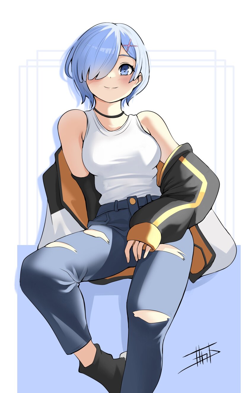1girl absurdres alternate_costume bare_shoulders black_choker black_jacket blue_eyes blue_hair blue_pants blush boots breasts choker closed_mouth collarbone contemporary denim feet_out_of_frame foot_out_of_frame hair_ornament hair_over_one_eye highres jacket jeans long_sleeves looking_at_viewer medium_breasts miarin141 multicolored_jacket off_shoulder open_clothes open_jacket pants puffy_long_sleeves puffy_sleeves re:zero_kara_hajimeru_isekai_seikatsu rem_(re:zero) shirt shoes short_hair signature sitting sleeveless sleeves_past_wrists smile solo tank_top torn_clothes torn_jeans torn_pants two-tone_jacket white_background white_shirt white_tank_top x_hair_ornament