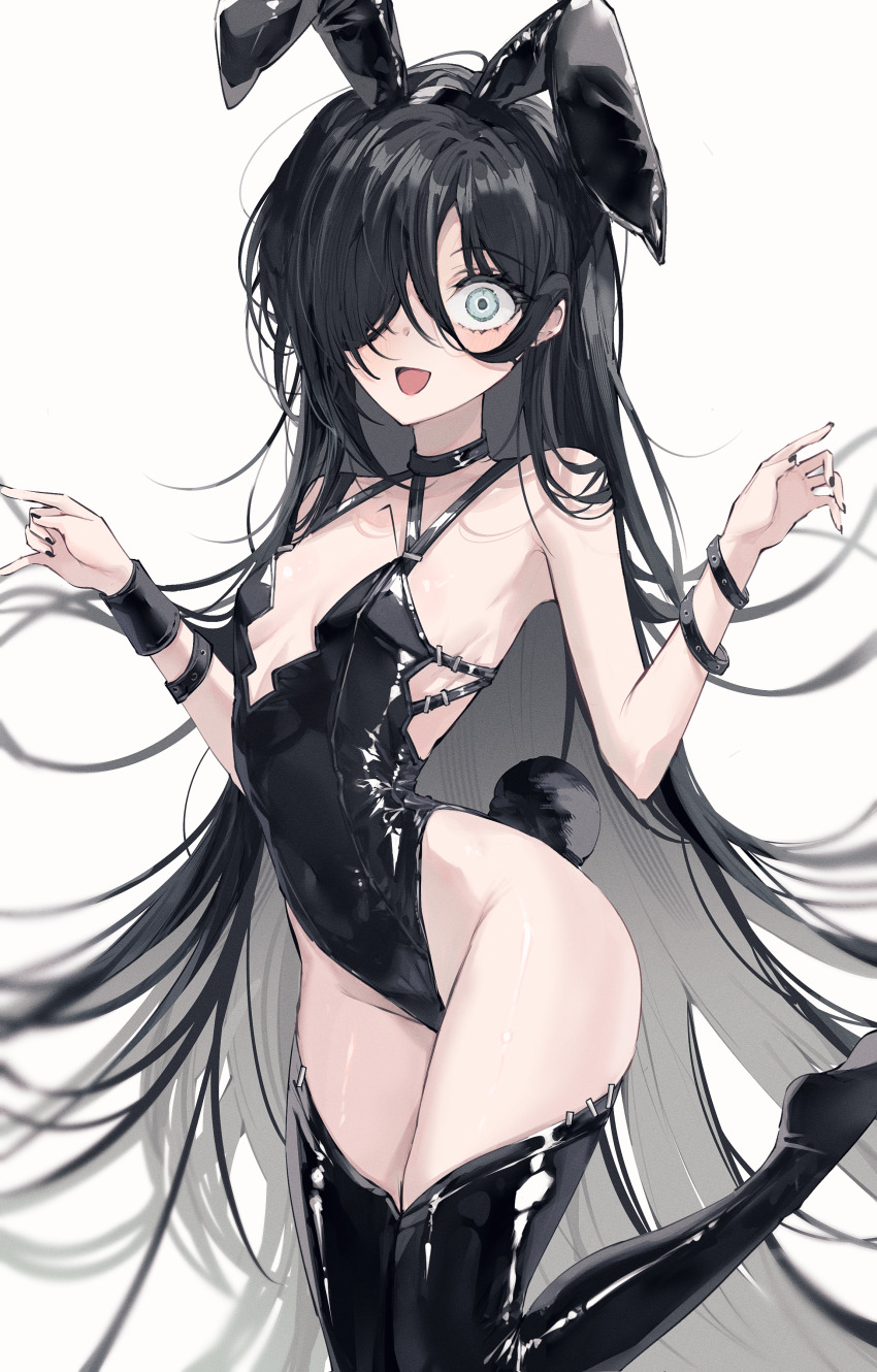 1girl absurdres animal_ears black_hair black_leotard black_nails black_thighhighs blush bracelet breasts colored_inner_hair commentary covered_navel english_commentary fake_animal_ears grey_eyes grey_hair gurami_(zangizarang) hair_over_one_eye highres jewelry leotard long_hair looking_at_viewer multicolored_hair nail_polish open_mouth original playboy_bunny rabbit_ears rabbit_tail simple_background small_breasts smile solo tail thighhighs thighs white_background