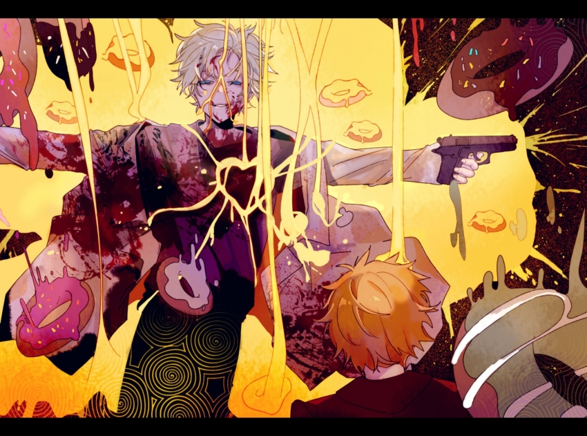 2boys atou_haruki black_jacket black_pants blonde_hair blood blood_in_hair blood_on_clothes blood_on_face blue_eyes chinese_commentary commentary_request donut food gun heart highres holding holding_gun holding_weapon jacket kanou_aogu lab_coat lemijiang letterboxed long_sleeves male_focus multiple_boys open_clothes pants purple_shirt saibou_shinkyoku shirt short_hair smile weapon white_hair