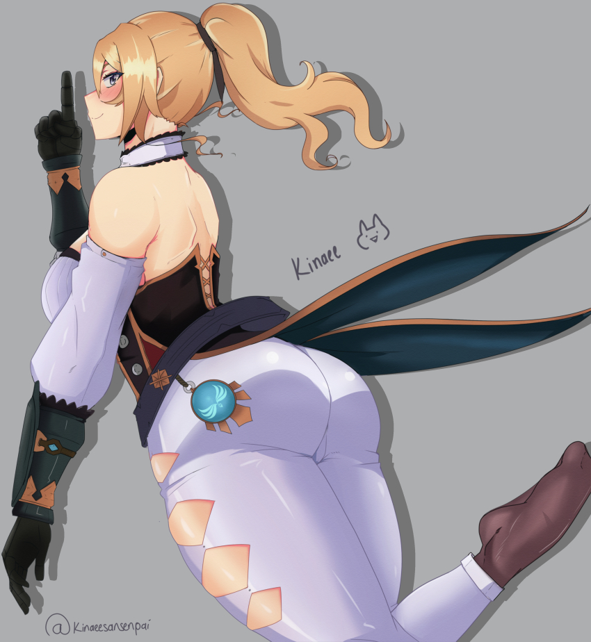 1girl absurdres armor armored_dress ass ass_focus back backboob blonde_hair breasts dress genshin_impact highres jean_(genshin_impact) kinaee large_breasts pixiv self-upload simple_background solo