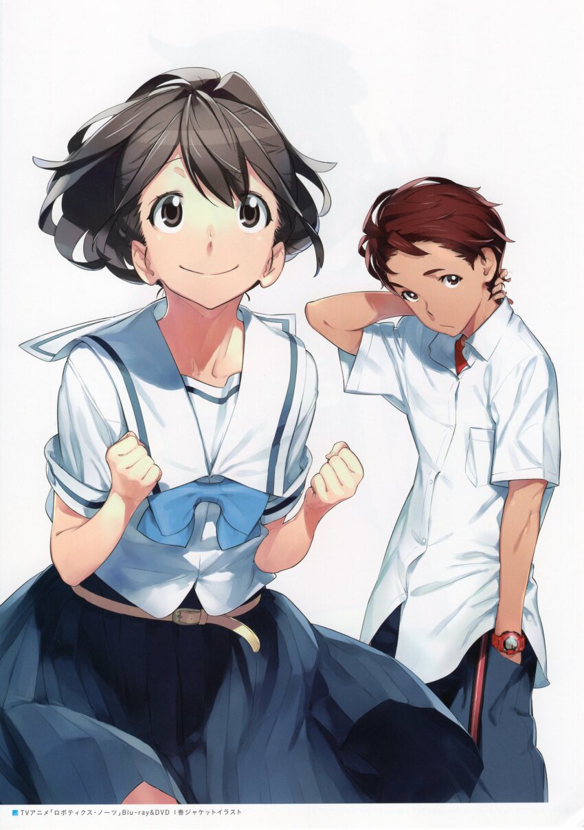 1boy 1girl absurdres arm_behind_head bad_anatomy bad_ears belt belt_buckle black_hair blouse blue_bow blue_bowtie blue_pants blue_ribbon blue_skirt blue_trim bow bowtie breast_pocket brown_belt brown_eyes brown_hair buckle chuo_tanegashima_high_school_uniform clenched_hands collarbone collared_shirt dynamic_pose embarrassed frown fukuda_tomonori hair_between_eyes hand_in_pocket hand_on_own_neck head_down highres long_hair long_skirt looking_at_viewer looking_up official_art open_collar pants pleated_skirt pocket red_shirt red_undershirt ribbon robotics;notes sailor sailor_collar school_uniform scratching_head senomiya_akiho serafuku shirt short_hair short_sleeves simple_background skirt smile thighs watch white_background white_shirt wristwatch yashio_kaito yellow_belt