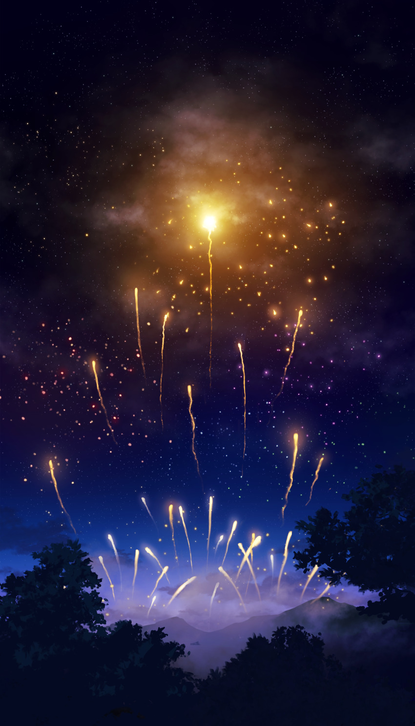 absurdres aerial_fireworks au_ito cloud commentary_request fireworks fog highres mountain night night_sky no_humans original outdoors scenery sky sky_focus tree