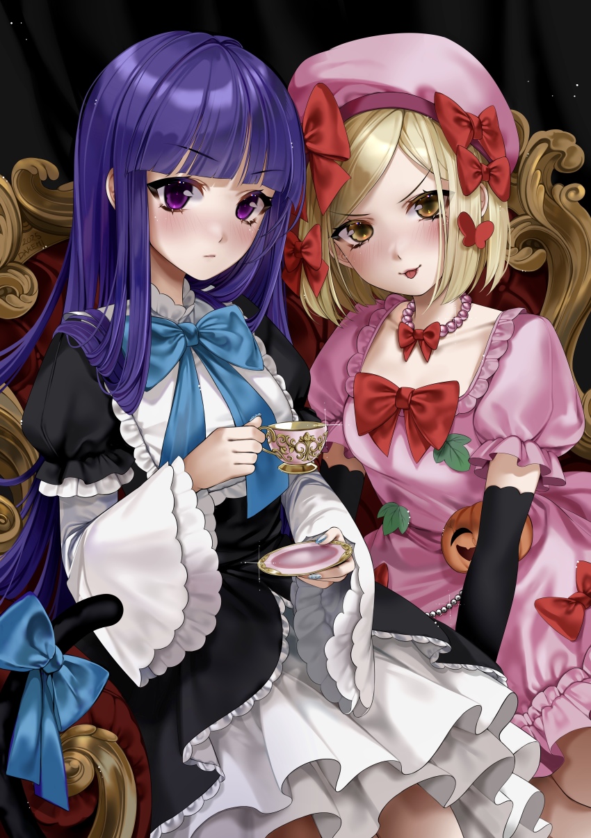 2girls :p absurdres black_dress blonde_hair blue_bow blush bow closed_mouth cup dakemichan dress frederica_bernkastel hat highres holding holding_cup holding_plate lambdadelta long_hair looking_at_viewer multiple_girls pink_dress pink_eyes pink_hat plate purple_hair red_bow sitting sitting_on_throne teacup tongue tongue_out umineko_no_naku_koro_ni yellow_eyes