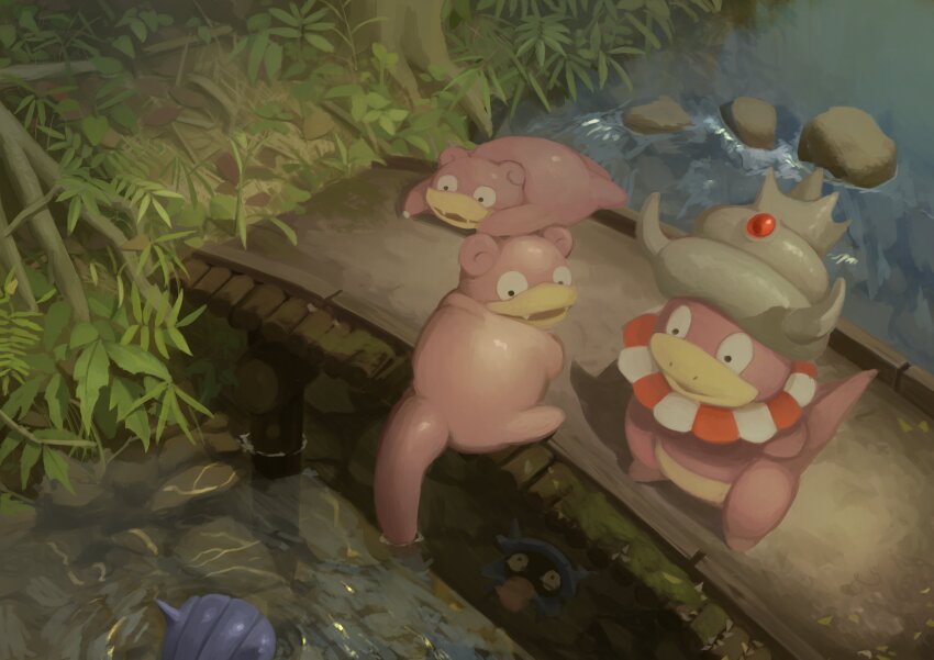 absurdres black_eyes bridge day fangs gen_1_pokemon gen_2_pokemon highres king_joe_(neoroto) leaf looking_back nintendo no_humans outdoors pokemon pokemon_(creature) pokemon_focus reflection ripples river shellder slowking slowpoke water