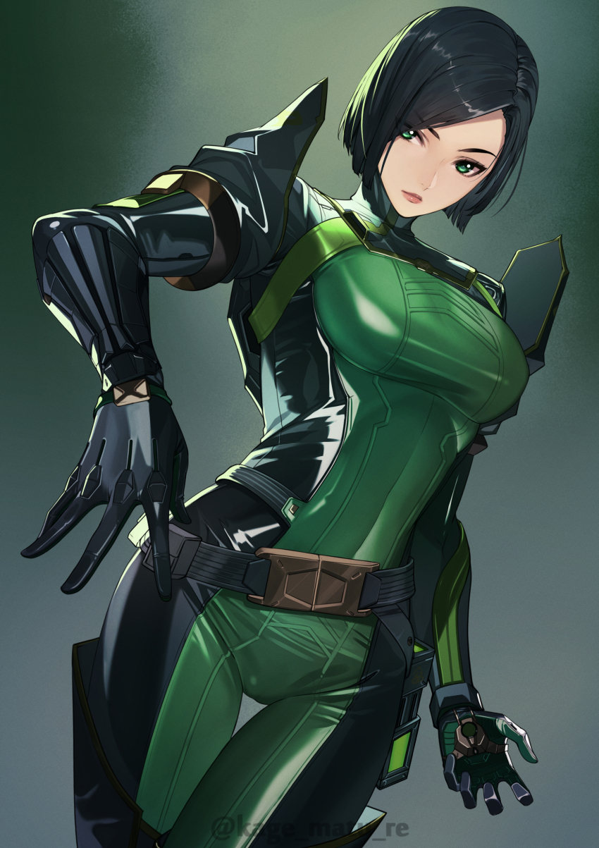 1girl absurdres animification black_hair bob_cut bodysuit breasts closed_mouth commentary_request cowboy_shot dutch_angle green_bodysuit green_eyes highres kagematsuri large_breasts looking_at_viewer short_hair skin_tight solo twitter_username valorant viper_(valorant)