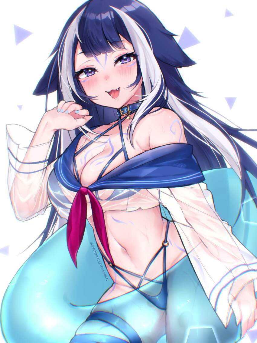 1girl absurdres bikini bikini_under_clothes black_hair blue_collar blush body_markings breasts cleavage collar facial_mark fangs gremlinbon highleg highleg_bikini highres indie_virtual_youtuber innertube large_breasts long_hair looking_at_viewer multicolored_hair navel open_mouth orca_girl purple_eyes see-through_clothes shylily shylily_(1st_costume) skindentation streaked_hair swim_ring swimsuit thigh_strap virtual_youtuber white_hair