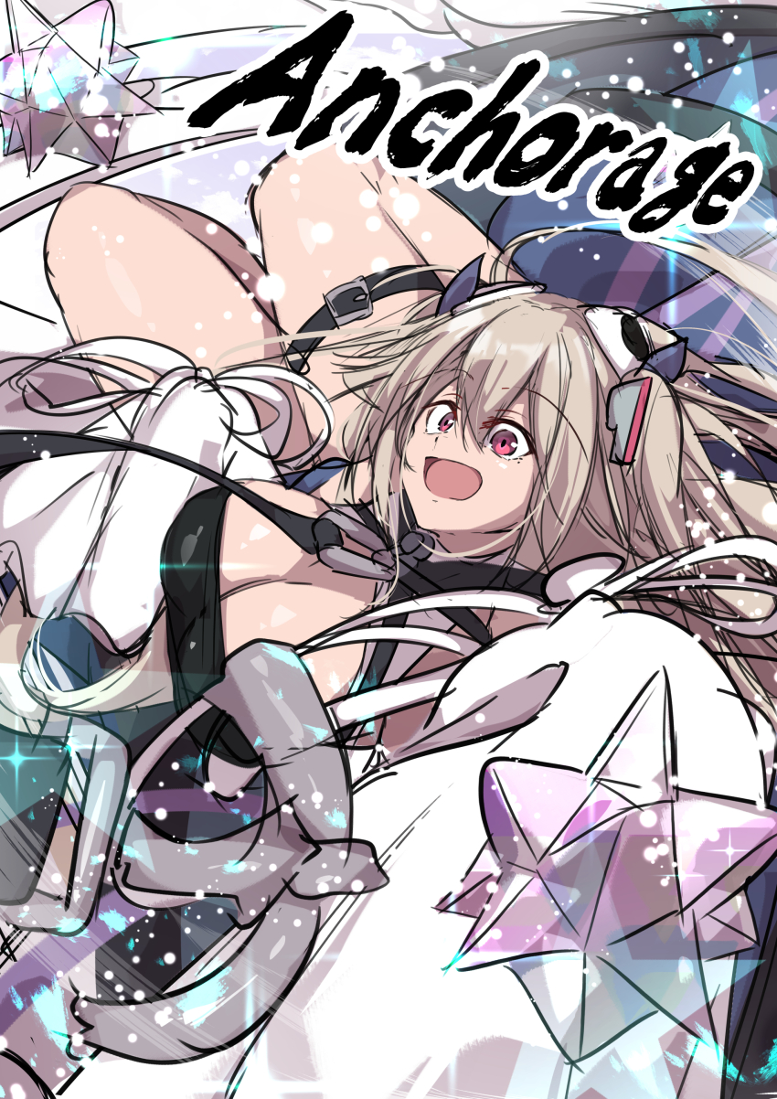 1girl :d absurdres anchorage_(azur_lane) azur_lane belt breasts brown_hair character_name cleavage highres large_breasts long_hair open_mouth oriue_wato pink_eyes sketch sleeves_past_fingers sleeves_past_wrists smile solo thigh_belt thigh_strap