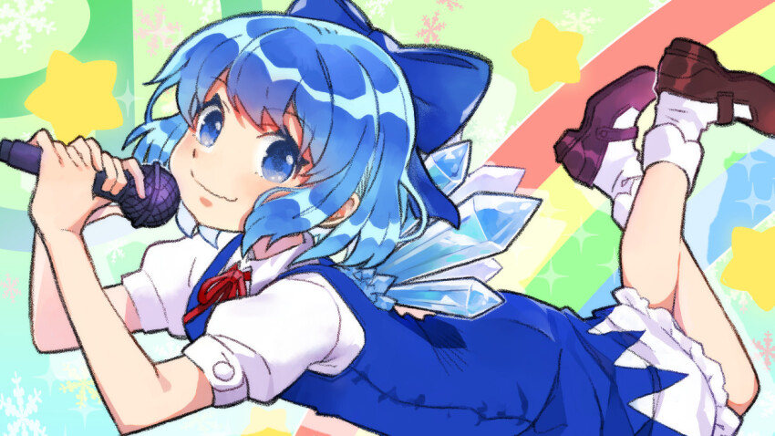 1girl blue_bow blue_dress blue_eyes blue_hair blush bobby_socks bow cirno commentary_request dress hair_bow holding holding_microphone ice ice_wings looking_at_viewer lying microphone mogamiya_honu neck_ribbon on_stomach red_ribbon ribbon shoes short_hair short_sleeves snowflakes socks solo star_(symbol) touhou white_socks wings