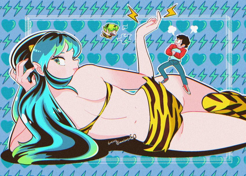1girl 2boys animal_print aqua_eyes aqua_hair artist_name ass bikini black_hair blue_background crossed_arms denim foot_out_of_frame green_hair hand_in_own_hair highres horns jeans lightning_bolt_symbol long_hair lum midriff moroboshi_ataru muda_rengou_to_ziggy_stardust multiple_boys open_mouth pants pointy_ears print_bikini print_boots red_shoes red_sleeves shoes short_hair shouting sideburns sidelocks size_difference sneakers sweat swimsuit ten_(urusei_yatsura) tiger_print urusei_yatsura