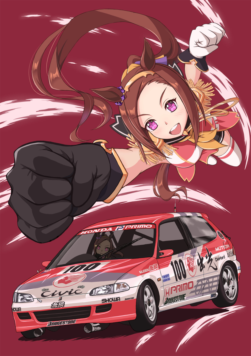 1girl :d animal_ears asymmetrical_gloves black_gloves bridgestone brown_hair car driving epaulettes flower_in_eye gloves gold_hairband hairband highres honda honda_civic horse_ears horse_girl horse_tail idemitsu_(gas_station) japanese_touring_car_championship long_hair looking_at_viewer mismatched_gloves motor_vehicle multiple_views neckerchief open_mouth ponytail purple_eyes red_background sakura_bakushin_o_(umamusume) simple_background smile symbol_in_eye tail thighhighs tomozo8674 umamusume vehicle_focus vehicle_name white_gloves white_thighhighs yellow_neckerchief