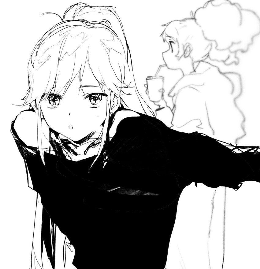 2girls aikatsu! aikatsu!_(series) bad_id bad_twitter_id cup disposable_cup drinking_straw drinking_straw_in_mouth greyscale highres holding holding_cup inactive_account leaning_forward long_hair long_sleeves looking_at_viewer monochrome multiple_girls open_mouth otoshiro_seira ponytail profile saegusa_kii shirt simple_background suiso_(owp) twintails upper_body white_background