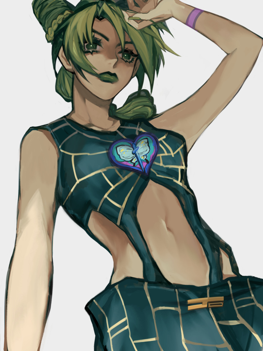 1girl 8h_kt absurdres arm_up bare_shoulders bracelet braid closed_mouth collarbone cone_hair_bun eyelashes fingernails green_eyes green_hair green_lips green_nails grey_background hair_bun heart heart_on_chest highres jewelry jojo_no_kimyou_na_bouken kuujou_jolyne long_fingernails long_hair nail_polish navel simple_background solo stone_ocean very_long_fingernails