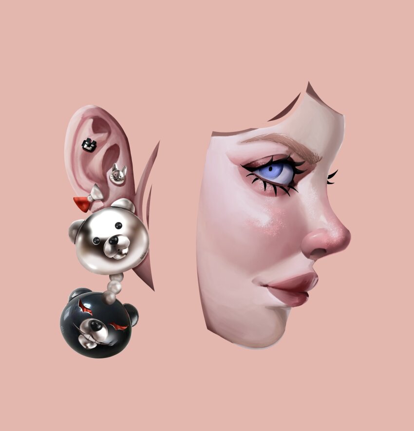 1girl bear_earrings blue_eyes bow bow_earrings closed_mouth danganronpa:_trigger_happy_havoc danganronpa_(series) earrings enoshima_junko from_side highres jewelry null_(nul_l11) profile rabbit_earrings red_lips shiny_skin smile solo twintails