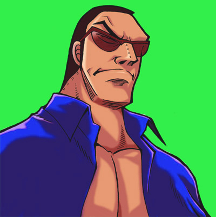 absurdres bare_pectorals blue_shirt collared_shirt dark-skinned_male dark_skin frown fukumoto_nobuyuki_(style) glasses green_background highres male_focus open_clothes open_shirt pectorals red-framed_eyewear shimizu_masaharu shirt short_hair simple_background the_rock_(dwayne_johnson) thick_eyebrows upper_body very_short_hair wwe