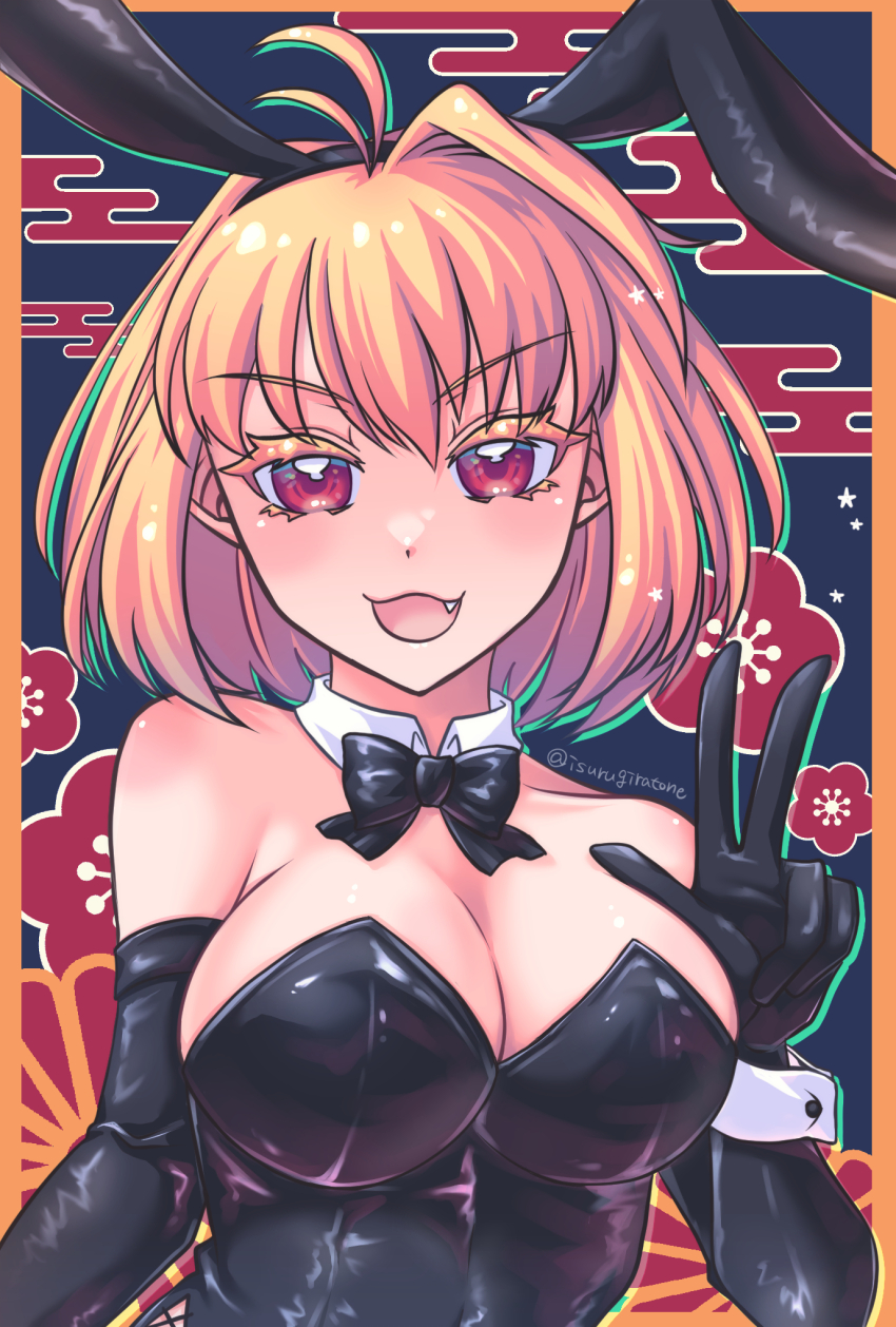 1girl :3 ahoge animal_ears arcueid_brunestud black_bow black_bowtie black_gloves blonde_hair blush bow bowtie breasts bunny_day cleavage elbow_gloves fake_animal_ears fangs gloves highres isurugiratone large_breasts leotard looking_at_viewer playboy_bunny rabbit_ears red_eyes short_hair smile tsukihime upper_body v