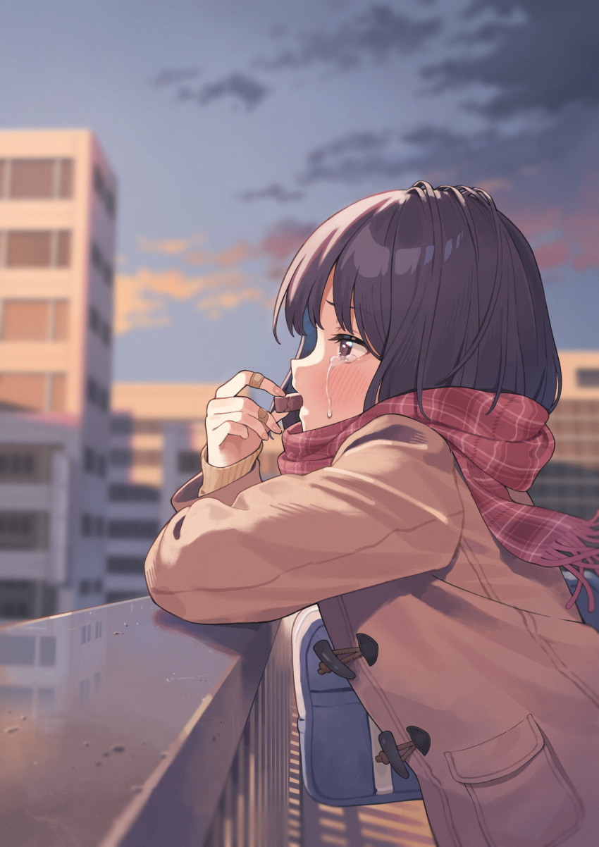 1girl bag bandaged_fingers bandages black_hair blue_sky blurry blurry_background brown_coat brown_eyes building candy chocolate chocolate_heart cloud coat commentary_request crack crying crying_with_eyes_open depth_of_field eating food fringe_trim from_side heart heart-shaped_food highres holding holding_food long_sleeves nirareba original outdoors plaid_clothes plaid_scarf railing red_scarf redrawn scarf school_bag sky sleeves_past_wrists solo sunset tears twitter_username upper_body