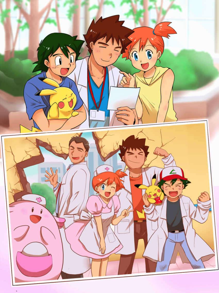 1girl 3boys ash_ketchum asymmetrical_hair bare_legs blue_eyes blush breasts brock_(pokemon) chansey cosplay gen_1_pokemon gintarou_(puipuiginta) green_eyes gym_leader hair_bun hair_tie hat highres joy_(pokemon) joy_(pokemon)_(cosplay) legs looking_at_viewer misty_(pokemon) multiple_boys nintendo nurse nurse_cap official_alternate_costume one_eye_closed orange_hair pikachu pokemon pokemon_(anime) pokemon_(classic_anime) pokemon_ep047 ponytail proctor_(pokemon) shirt short_hair side_ponytail simple_background single_hair_bun small_breasts standing thighs wink