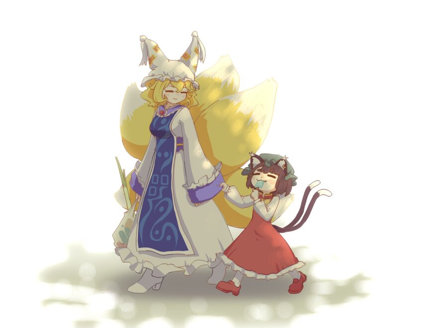 2girls animal_ear_piercing animal_ears animal_hat ay606078 bag blonde_hair blue_tabard bow bowtie breasts brown_hair cat_ears cat_tail chen chinese_commentary closed_eyes closed_mouth clothes_grab commentary_request dress earrings eating food fox_tail green_hat hat high_heels highres holding holding_bag hoop_earrings jewelry kitsune long_sleeves mob_cap multiple_girls multiple_tails nekomata popsicle red_dress red_shoes shoes single_earring sleeve_grab smile spring_onion tabard tail touhou two_tails walking white_shoes yakumo_ran yellow_bow yellow_bowtie
