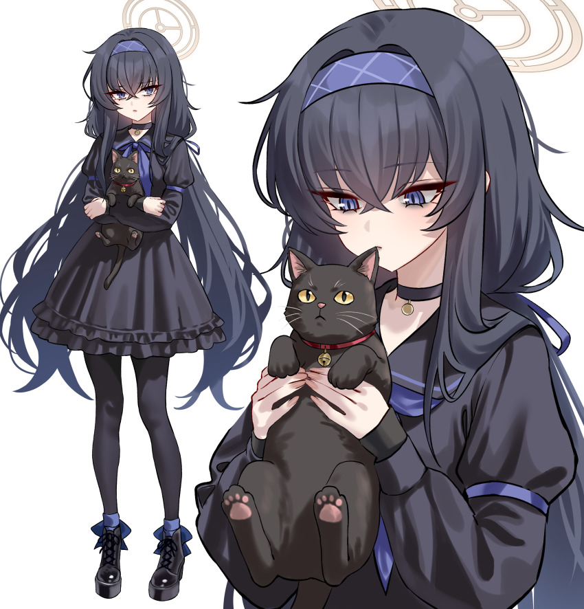 1girl absurdres animal_ears black_dress black_hair blue_archive blush breasts cat cat_ears dress full_body hairband halo highres long_hair long_sleeves looking_at_viewer multiple_views shigure_s skirt small_breasts ui_(blue_archive)