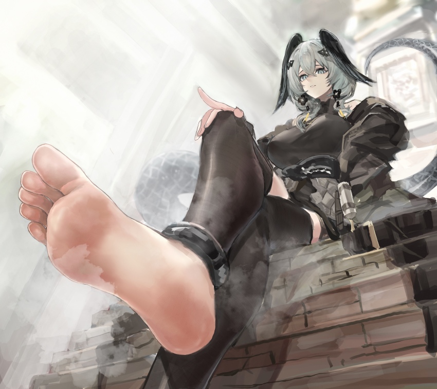 1girl absurdres arknights barefoot crossed_legs feet grey_eyes grey_hair hand_on_own_knee head_wings highres ho&#039;olheyak_(arknights) long_hair looking_at_viewer parted_lips smell soles steam tail tiansuo_haoer toes wings