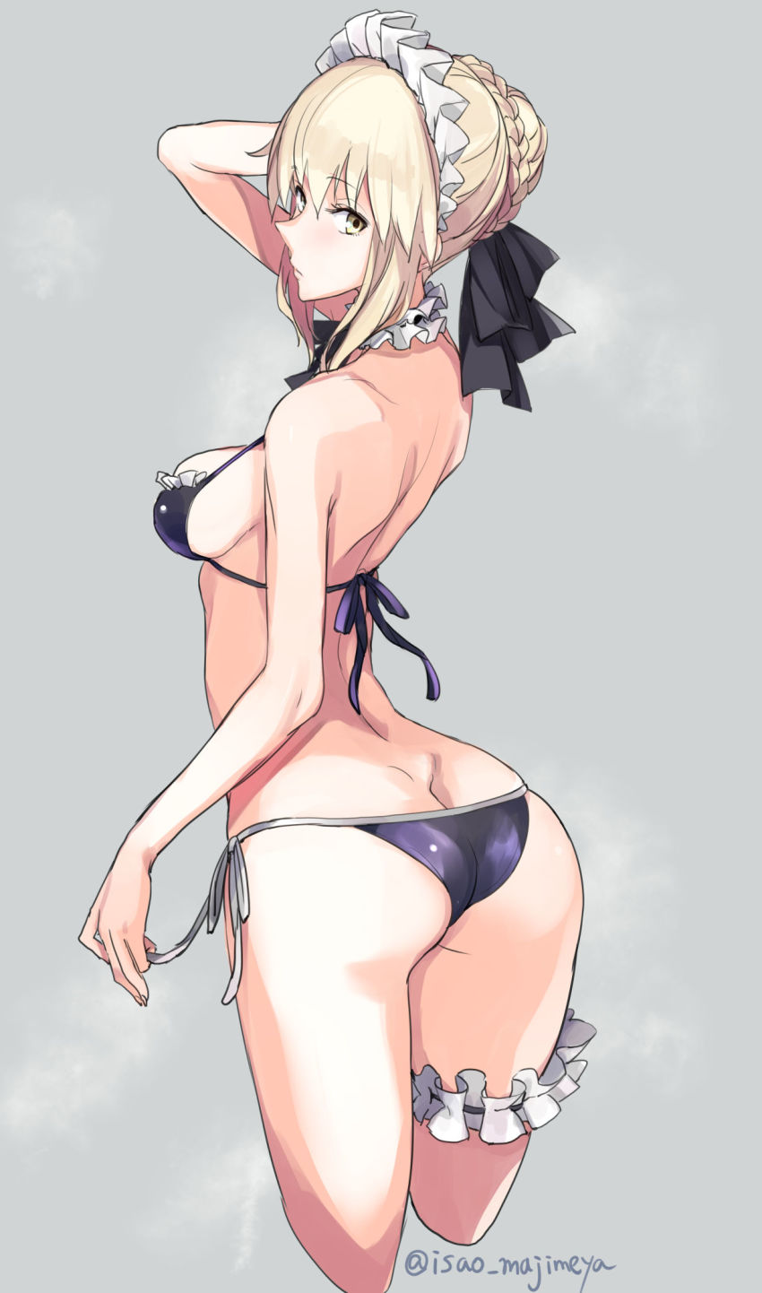 1girl artoria_pendragon_alter_(swimsuit_rider)_(fate) artoria_pendragon_alter_(swimsuit_rider)_(second_ascension)_(fate) artoria_pendragon_(fate) ass bikini black_bikini blonde_hair braid breasts butt_crack commentary_request dimples_of_venus fate/grand_order fate_(series) female_focus french_braid grey_background highres isao looking_at_viewer looking_back maid maid_bikini maid_headdress medium_breasts side-tie_bikini_bottom solo swimsuit thigh_strap twitter_username unconventional_maid yellow_eyes