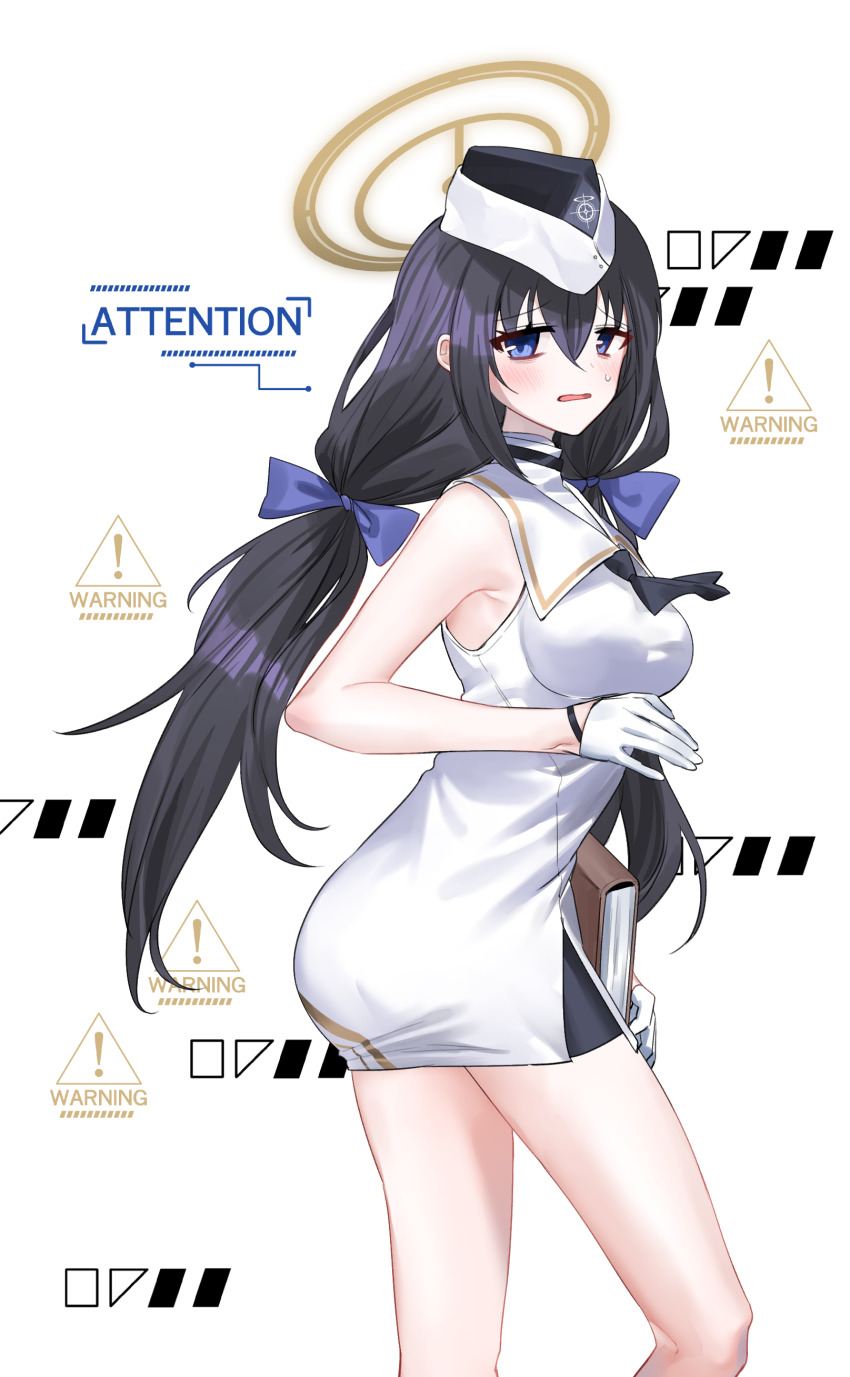 1girl absurdres armpits bare_arms black_hair black_neckerchief black_shorts blue_archive blush book bow breasts contrapposto dress english_text garrison_cap gloves hair_between_eyes hair_bow halo hat highres holding holding_book large_breasts long_hair looking_at_viewer low_twintails neckerchief open_mouth purple_bow purple_eyes renirum_14 sailor_collar shorts side_slit sidelocks sign sleeveless sleeveless_dress solo sweat twintails twisted_torso ui_(blue_archive) utnapishtim_operator_uniform_(blue_archive) warning_sign white_dress white_gloves white_sailor_collar yellow_halo