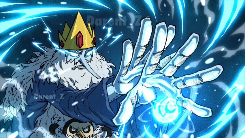 1boy adventure_time artist_name beard bird blue_skin clenched_teeth colored_skin commentary crown darent_z facial_hair glowing glowing_eyes gunter_(adventure_time) highres ice_king long_hair long_nose long_sleeves magic male_focus penguin robe sharp_teeth teeth upper_body very_long_hair watermark white_hair white_robe