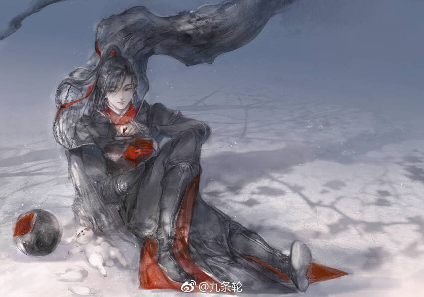 1boy against_tree animal black_boots black_hair black_hanfu boots chinese_clothes closed_mouth faux_traditional_media full_body grey_eyes hair_ribbon hanfu holding holding_jar ink_wash_painting jar kcllzas163 knee_up long_hair male_focus modao_zushi ponytail rabbit red_ribbon ribbon shadow sitting sleeves_past_wrists smile snow snowing solo third-party_source tree watermark wei_wuxian weibo_watermark white_rabbit_(animal) winter