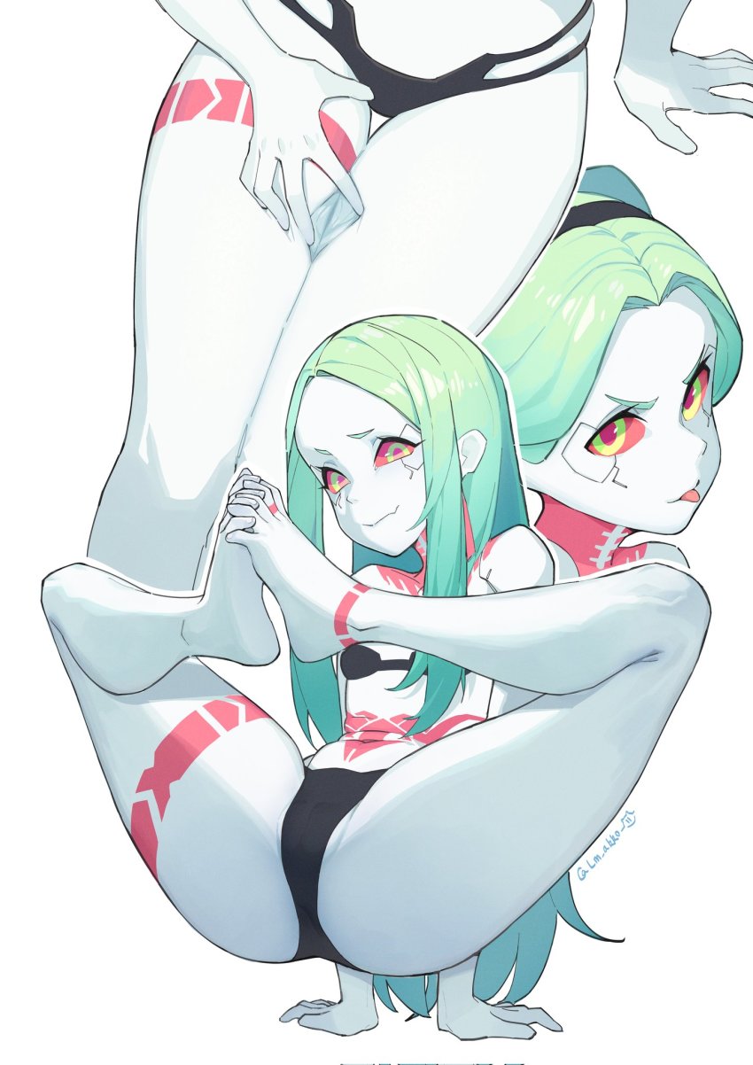 1girl arm_support artificial_eye ass barefoot black_bra black_panties bra breasts cameltoe colored_sclera colored_skin commentary cyberpunk_(series) cyberpunk_edgerunners english_commentary feet female_focus flexible food full_body grabbing_own_thigh green_hair hair_down highres huge_ass interlocked_toes lan_mao_akko leg_tattoo long_hair looking_at_viewer meat mechanical_eye multiple_views neck_tattoo panties petite raised_eyebrow rebecca_(cyberpunk) red_sclera shiny_skin simple_background small_breasts smug spread_legs stomach_tattoo straight_hair tattoo thighs thong toes tongue tongue_out underwear underwear_only very_long_hair white_background white_skin wide_hips