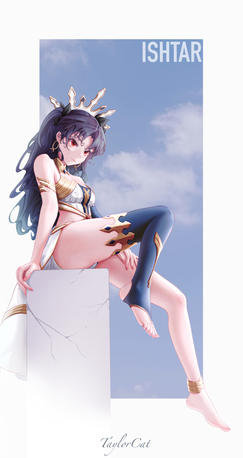1girl absurdres armlet artist_name bare_arms bare_shoulders barefoot black_hair breasts character_name earrings fate/grand_order fate_(series) feet from_side gold_armlet gold_earrings gold_trim hair_ribbon highres ishtar_(fate) jewelry leg_up long_hair medium_breasts red_eyes ribbon single_bare_leg single_sleeve single_thighhigh sitting sitting_on_object solo stirrup_legwear taylorcat thighhighs thighs tiara toeless_legwear toenails toes