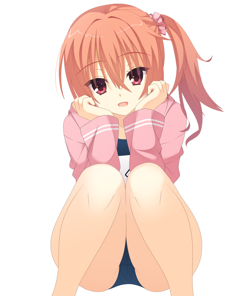 1girl :d absurdres alternate_costume alternate_hairstyle bare_legs blue_one-piece_swimsuit cameltoe commentary eyes_visible_through_hair feet_out_of_frame hair_between_eyes hair_intakes hair_ornament hair_scrunchie hands_on_own_cheeks hands_on_own_face hands_up happy highres inaba_meguru jacket kaon_zz knees_together_feet_apart long_hair long_sleeves looking_at_viewer one-piece_swimsuit open_clothes open_jacket open_mouth orange_hair pink_jacket pink_scrunchie red_eyes sanoba_witch school_swimsuit scrunchie side_ponytail simple_background smile solo squatting straight-on swimsuit thighs white_background