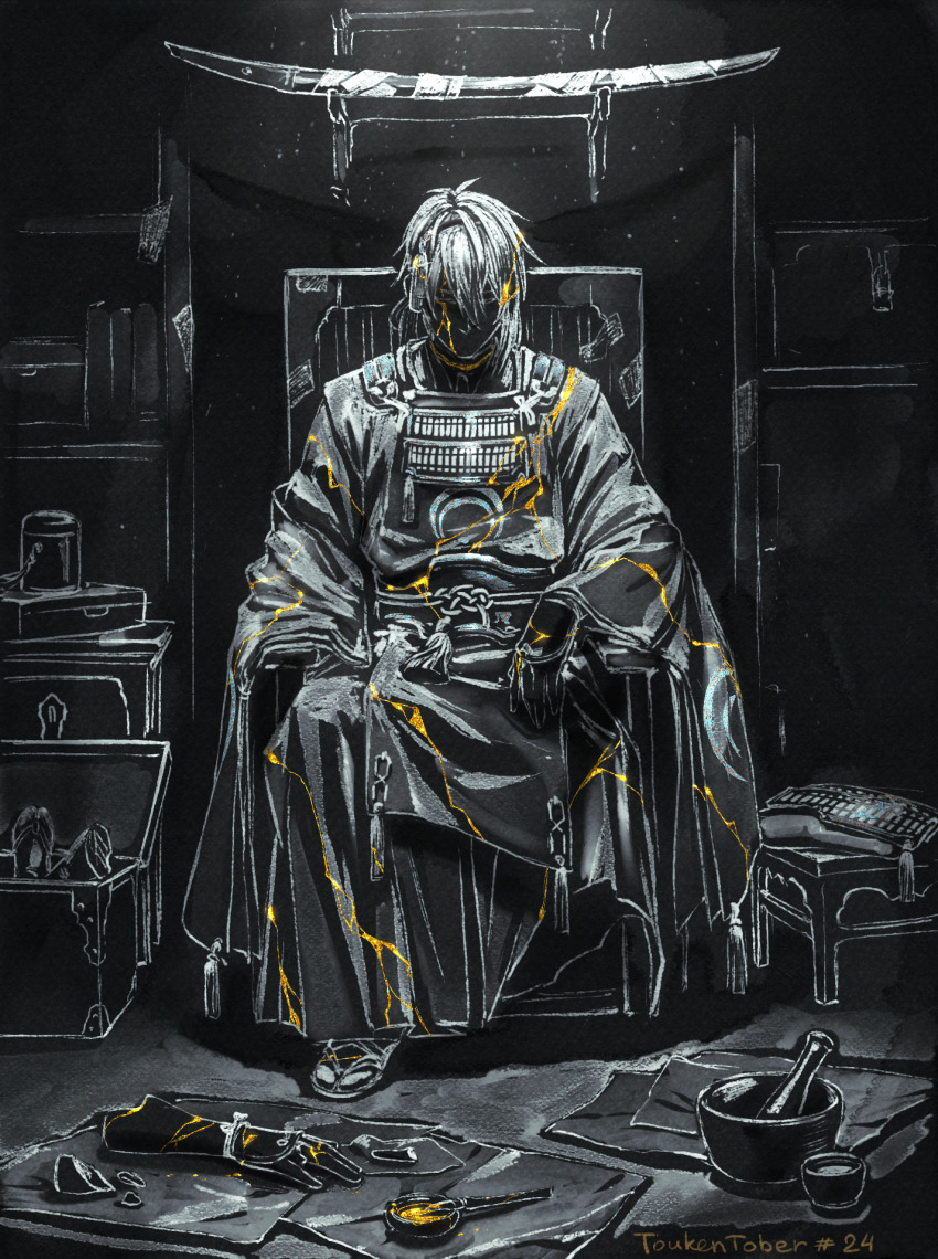 1boy amputee armor box closed_eyes commentary cracked_skin desk double_amputee english_commentary facing_viewer full_body hair_ornament hakama highres indoors inverted_colors japanese_armor japanese_clothes kariginu katana kote long_sleeves maintenance male_focus mikazuki_munechika monochrome mortar_(bowl) ofuda paint paper pestle sandals severed_arm severed_limb shards sheath sheathed short_hair sitting solo spot_color sword tabi throne touken_ranbu unworn_armor vdmaler weapon weapon_rack wide_sleeves yellow_theme zouri