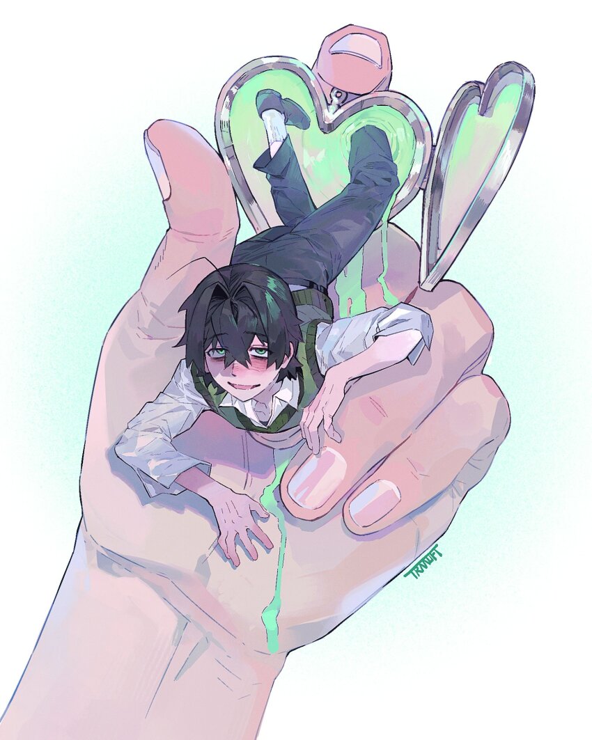1boy 1other artist_name black_hair black_pants black_shoes blush degrees_of_lewdity green_eyes green_sweater_vest hair_between_eyes hair_intakes hanstrmoft heart highres in_palm jewelry kylar_(degrees_of_lewdity) kylar_(male)_(degrees_of_lewdity) locket long_sleeves looking_at_viewer male_focus mini_person open_mouth pants pendant player_character_(degrees_of_lewdity) shirt shoes short_hair smile socks sweater_vest white_background white_shirt white_socks