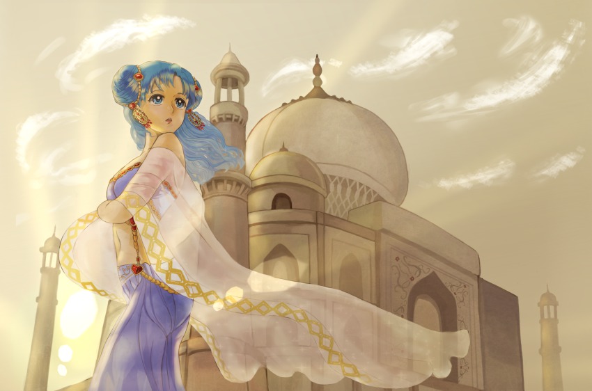 1girl arabian_clothes bare_shoulders blue_eyes blue_hair breasts brown_theme cloud dome double_bun female_focus from_below hair_bun hair_ornament harem_pants highres jewelry kida_(zakuroishi) lens_flare long_hair looking_up matching_hair/eyes medium_breasts midriff minaret mosque navel original pants parted_lips princess see-through_clothes shawl sky solo strapless sunlight tan tube_top