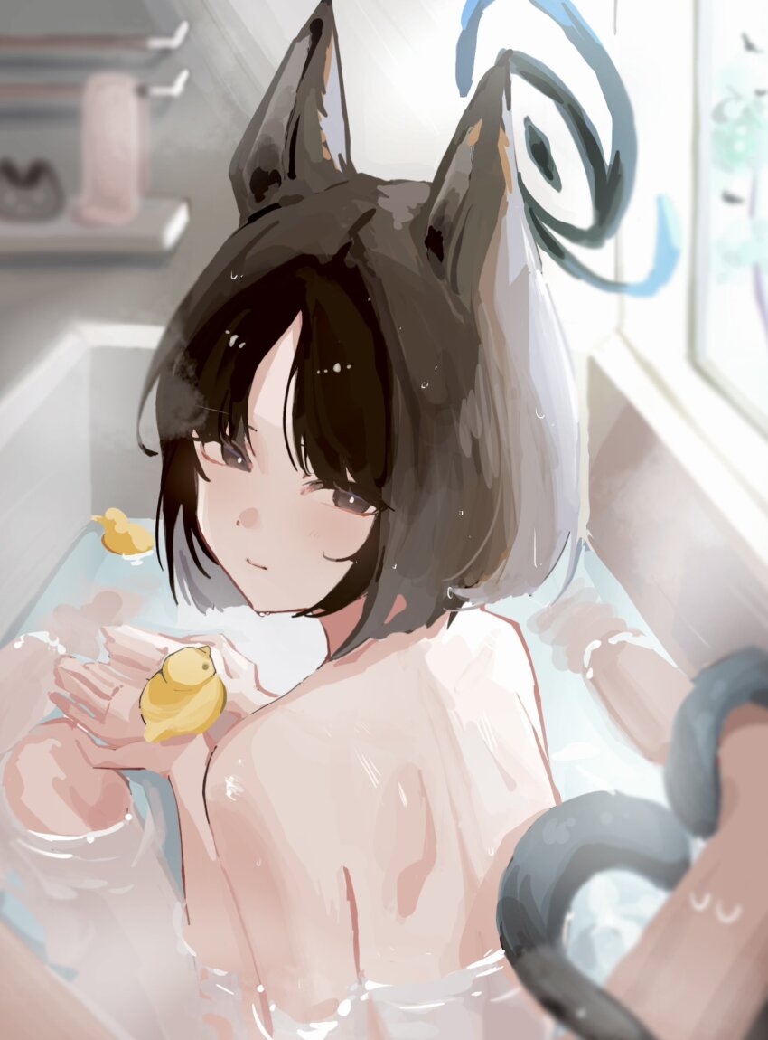 1girl 1other animal_ears bare_arms bare_back bare_legs bare_shoulders bathing black_eyes black_hair blue_archive blunt_ends blush cat_ears cat_girl cat_tail closed_mouth coa_(35_seno) commentary completely_nude from_behind highres holding holding_toy in_bathtub kikyou_(blue_archive) light_smile looking_at_viewer medium_hair multiple_tails nude parted_bangs pov rubber_duck sitting tail toy two_tails